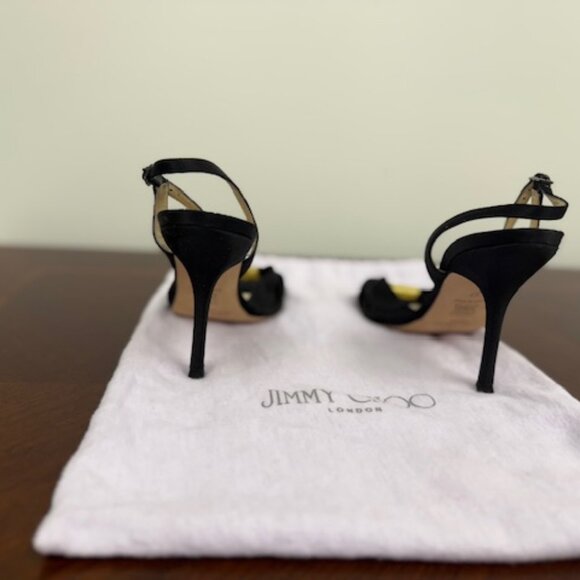 JImmy Choo Black Satin with Gold Wrapped Box Open Toe Heels - Picture 4 of 5